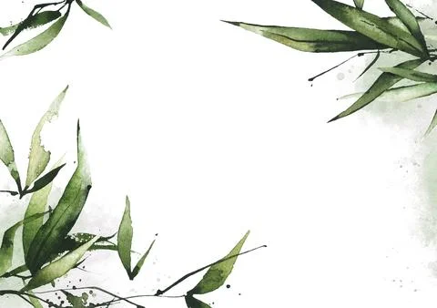 Watercolor exotic greenery horizontal rectangular frame. Green bamboo branches Stock Illustration