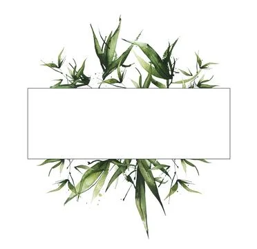 Watercolor exotic greenery horizontal rectangular frame. Green bamboo branches Stock Illustration