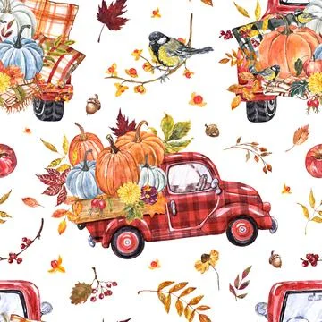 Watercolor fall harvest seamless pattern with red pumpkin truck. Stock Illustration