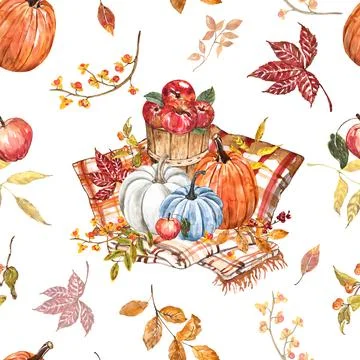 Watercolor fall seamless pattern with white and orange pumpkin arrangement. Stock Illustration