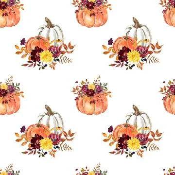 Watercolor fall-themed seamless pattern with  pumpkins. Stock Illustration