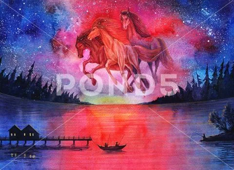 Watercolor fantasy cosmic horses landscape, beautiful abstract space painting Stock Illustration