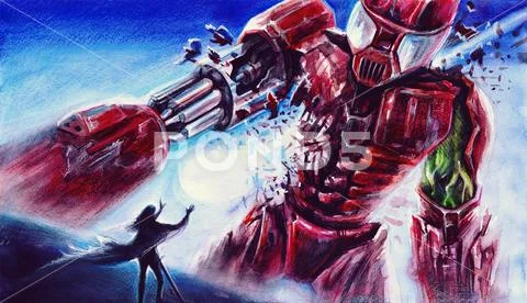 Watercolor fantasy painting landscape with big red robot is fighting with a girl Stock Illustration