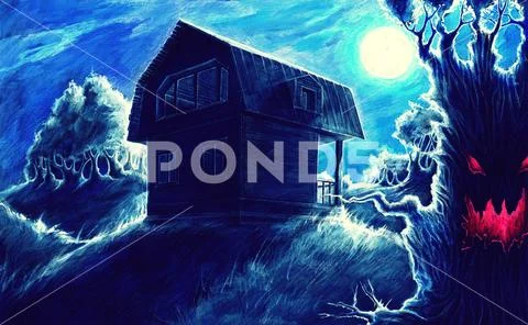 Watercolor fantasy painting, night horror landscape background with home, moon Stock Illustration