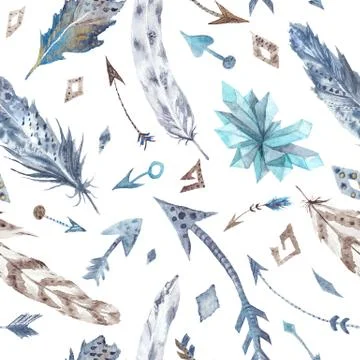 Watercolor Feather and Arrow Pattern Stock Illustration