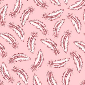 Watercolor Feather Pattern . Seamless boho style texture with elegant pink an Illustrazione stock