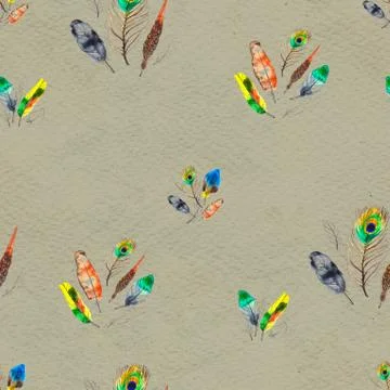 Watercolor feathers seamless pattern. Hand painted texture Stock Illustration