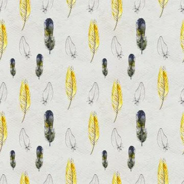 Watercolor feathers seamless pattern. Hand painted texture Stock Illustration