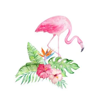 Watercolor flamingo with a tropical bouquet Stock Illustration