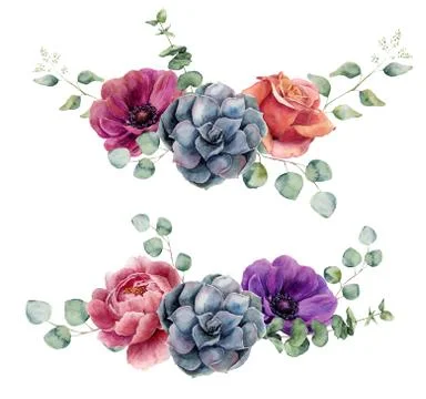 Watercolor floral elements isolated on white background. Vintage style posy set 스톡 일러스트