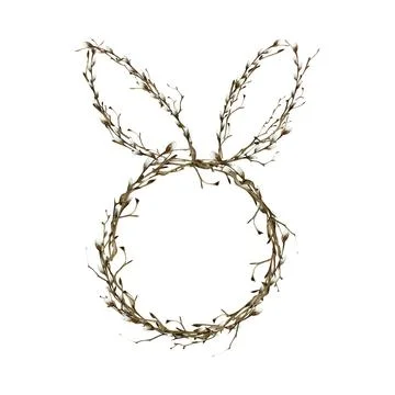 Watercolor floral frame in shape of easter rabbit with long ears. Bare branch Stock Illustration