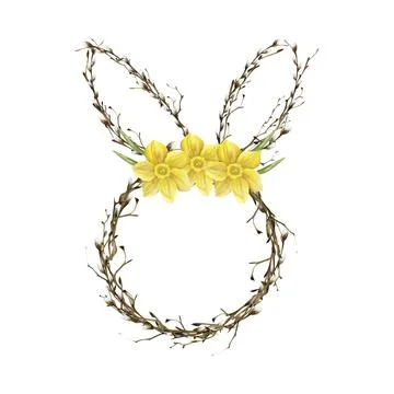 Watercolor floral frame in shape of easter rabbit with long ears. Bare branch Illustrazione stock