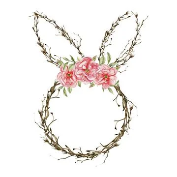 Watercolor floral frame in shape of easter rabbit with long ears. Bare branch Stock Illustration