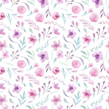 Watercolor floral pattern. Seamless pattern with purple, gold and pink bouquet Stock Photos