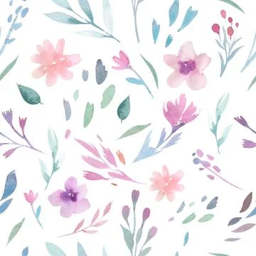 Watercolor floral pattern. Seamless pattern with purple, gold and pink bouquet Stock Photos