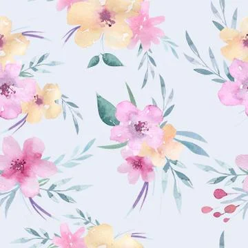 Watercolor floral pattern. Seamless pattern with purple, gold and pink bouquet Stock Photos