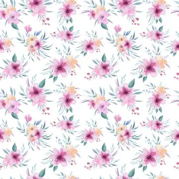 Watercolor floral pattern. Seamless pattern with purple, gold and pink bouquet Stock Photos