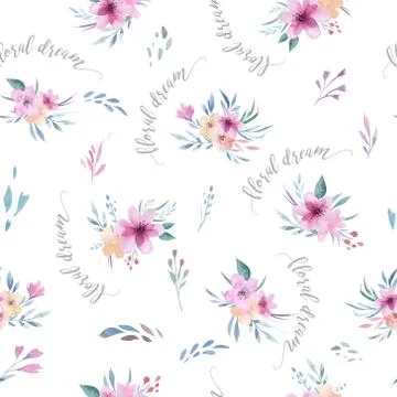 Watercolor floral pattern. Seamless pattern with purple, gold and pink bouquet Stock Photos
