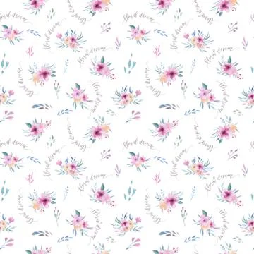 Watercolor floral pattern. Seamless pattern with purple, gold and pink bouquet Stock Photos