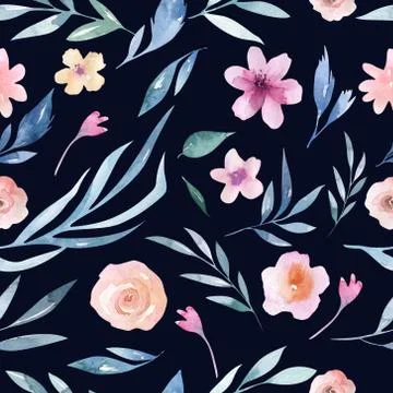 Watercolor floral pattern. Seamless pattern with purple, gold and pink bouquet Stock Photos
