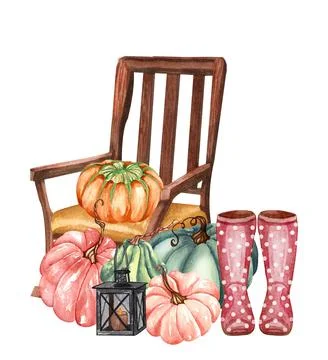 Watercolor floral pumpkins composition. Fall pumpkin and flowers arrangement  Stock Illustration