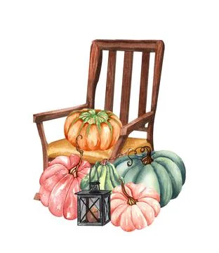 Watercolor floral pumpkins composition. Fall pumpkin and flowers arrangement  Stock Illustration