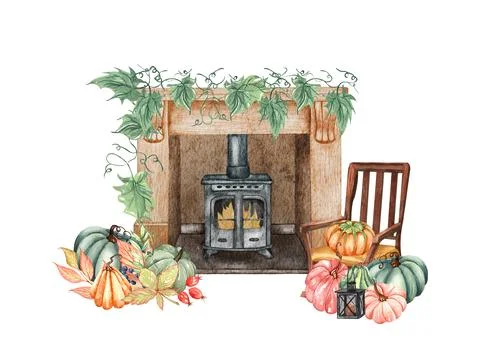 Watercolor floral pumpkins composition. Fall pumpkin and flowers arrangement  Stock Illustration