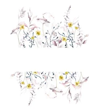 Watercolor floral rectangular border. Blush pink branches, yellow flowers, blue Stock Illustration