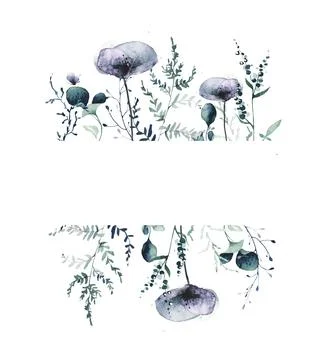 Watercolor floral rectangular border frame. Violet poppy flowers, blue wild fern Stock Illustration