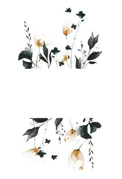 Watercolor floral rectangular frame of black ginko biloba leaves, orange poppies Stock Illustration