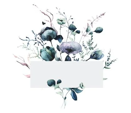 Watercolor floral rectangular frame. Violet, blue, turquoise, pink flowers Illustrazione stock