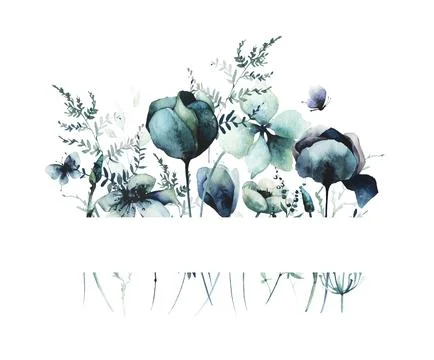 Watercolor floral rectangular frame. Violet, blue, turquoise, pink flowers Stock Illustration