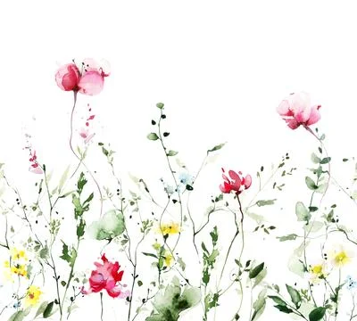 Watercolor floral seamless border frame on white background. Pink, orange Stock Illustration