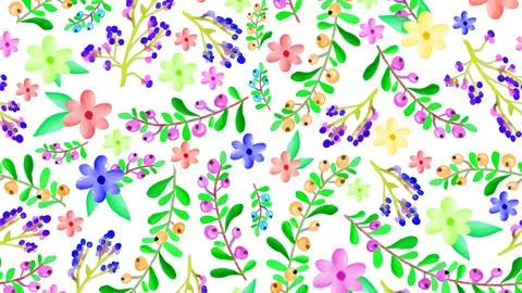 Watercolor Floral Seamless Pattern with Delicate Leaves and Flowers. Spring.. Stock-Illustration