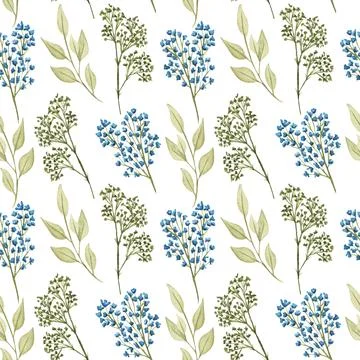 Watercolor floral seamless pattern with flowers and leafs. Dried twigs hand d Stock Illustration