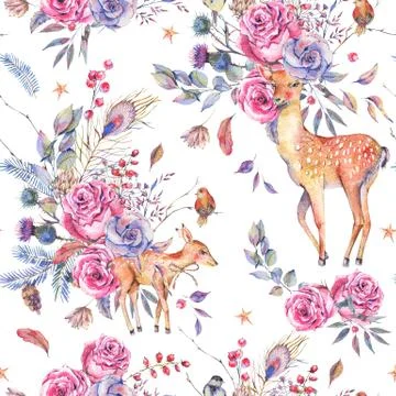 Watercolor floral semless pattern with cute deer Stock Illustration