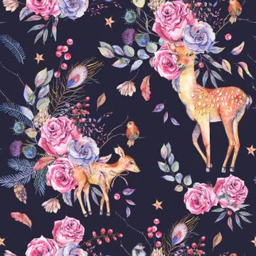 Watercolor floral semless pattern with cute deer Stockillustratie