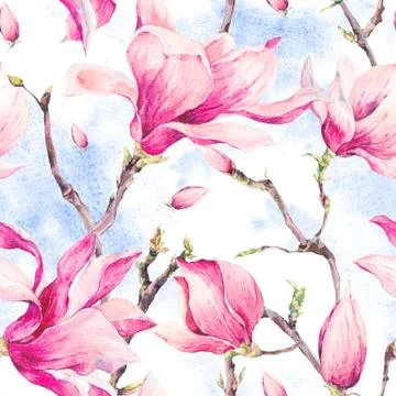 Watercolor Floral Spring Seamless Pattern with Magnolia Stock Illustration
