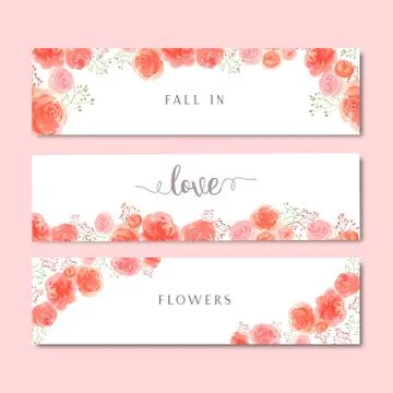 Watercolor florals hand painted with text banner, lush flowers aquarelle isol Stock Illustration