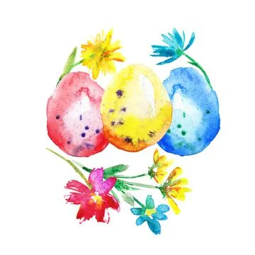 Watercolor flowers with easter eggs and meadow flowers. Stock Illustration