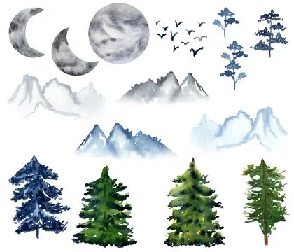 Watercolor fores set. Pine trees, mountains, moon, birds, isolated on white. Stock Illustration