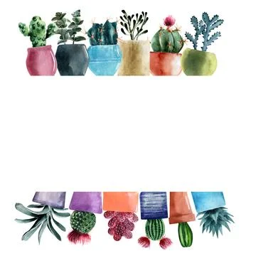Watercolor frame with different types of cacti in multicolored pots Stock Illustration