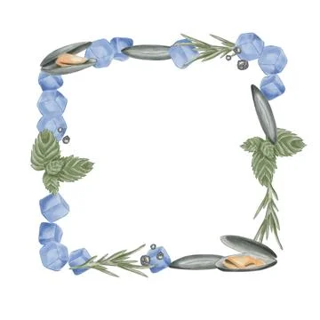 A watercolor frame featuring clams in shells, rosemary, mint, and ice. A sq.. Stock Illustration
