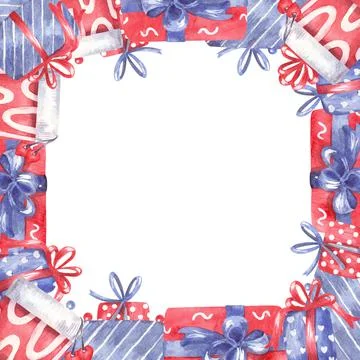 Watercolor frame with gift boxes decorated with bows and ribbons. Stock Illustration