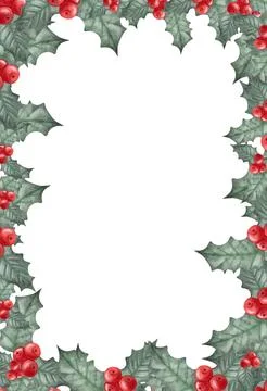 Watercolor frame ready postcard template. Holly wreath with berries in a circle Stock Illustration