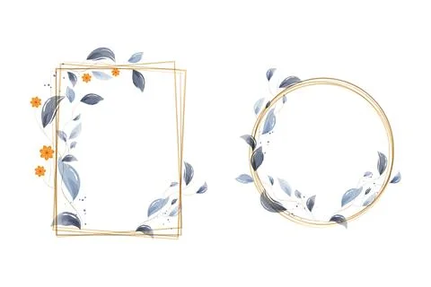 Watercolor frames with delicate gold lines and blue floral accents Illustrazione stock