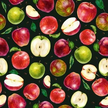 Watercolor fruit pattern. Apples, halves of apples and leaves. Stock Illustration