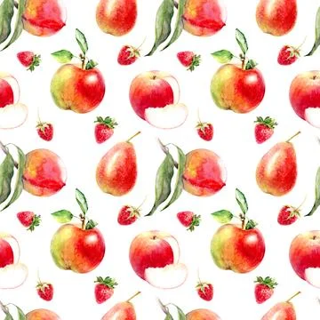 Watercolor fruit pattern with apples, pears, and strawberries for a vibrant Stock Illustration