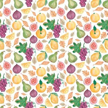 Watercolor fruit seamless pattern, hand drawn grapes and garden fruits repeat 스톡 일러스트