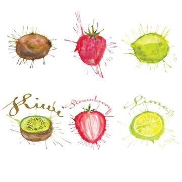 Watercolor fruit set with blots Stock Illustration